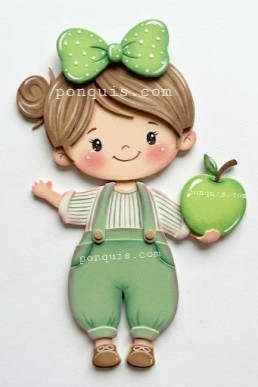 Moldes para hacer apliques de niña escolar sujetando manzana verde Descarga Gratis